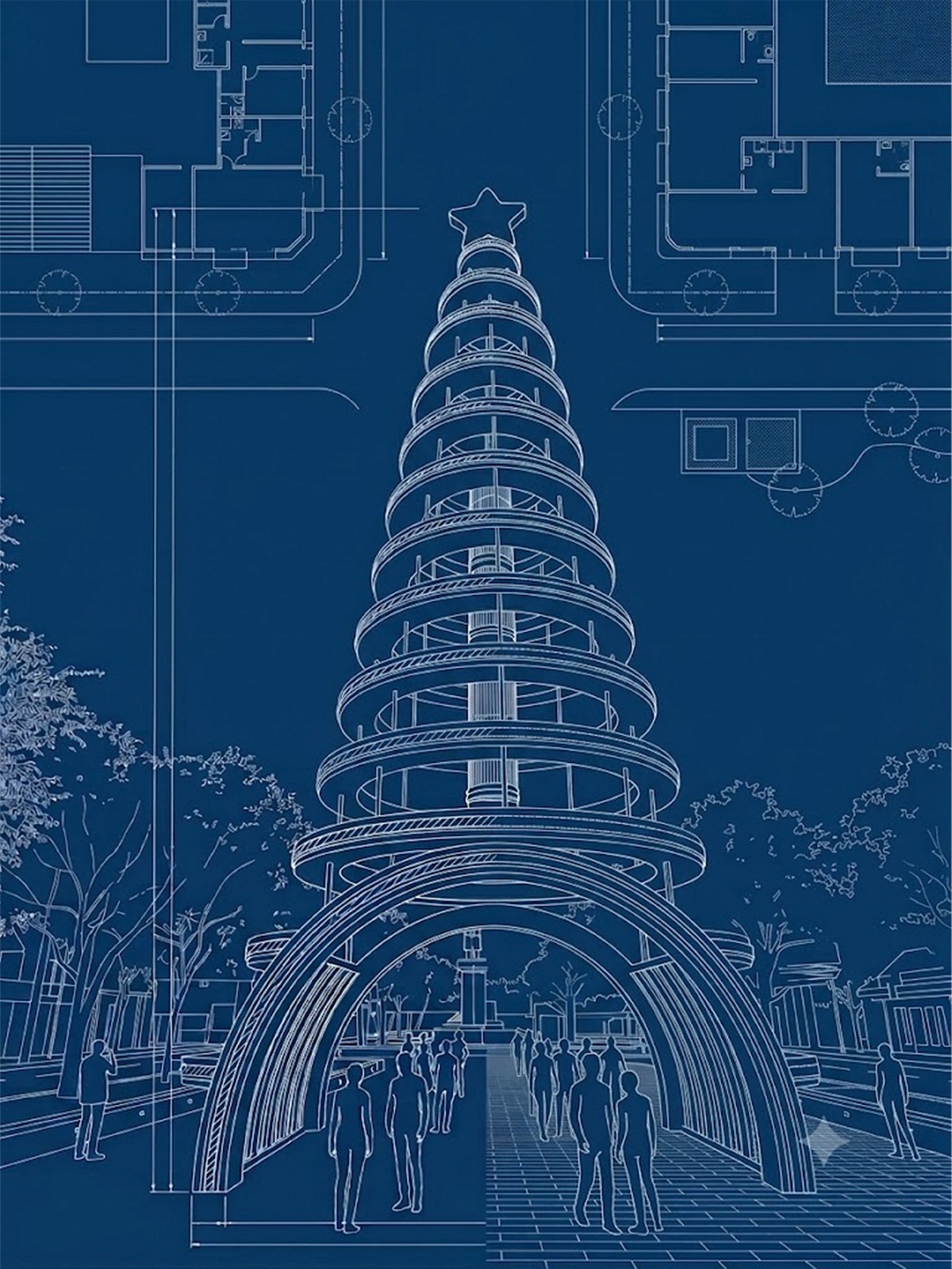 Plano arquitectónico de árbol navideño metálico